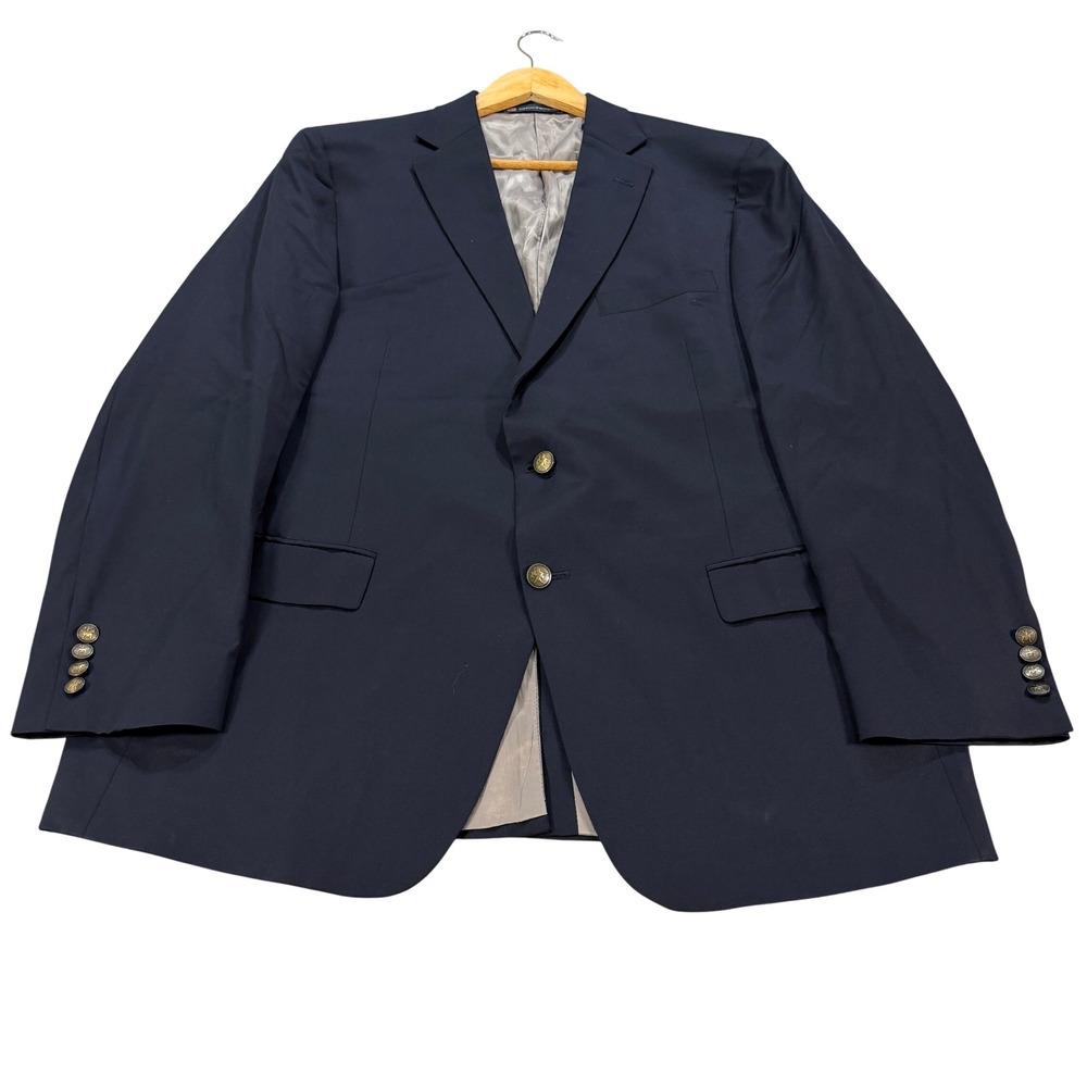 Hart Schaffner Marx Mens 46R Navy Blue Wool Blazer Gold Crest Buttons USA Causal